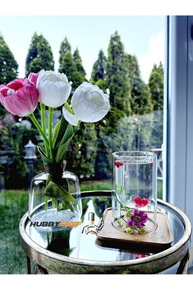 Professional Double Wall Glass Serving Cup & Candle Holder Set with Bamboo Plate and Lid - 2 Piece Set - TryAladdin