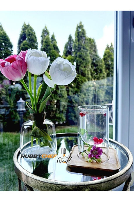 Professional Double Wall Glass Serving Cup & Candle Holder Set with Bamboo Plate and Lid - 2 Piece Set - TryAladdin