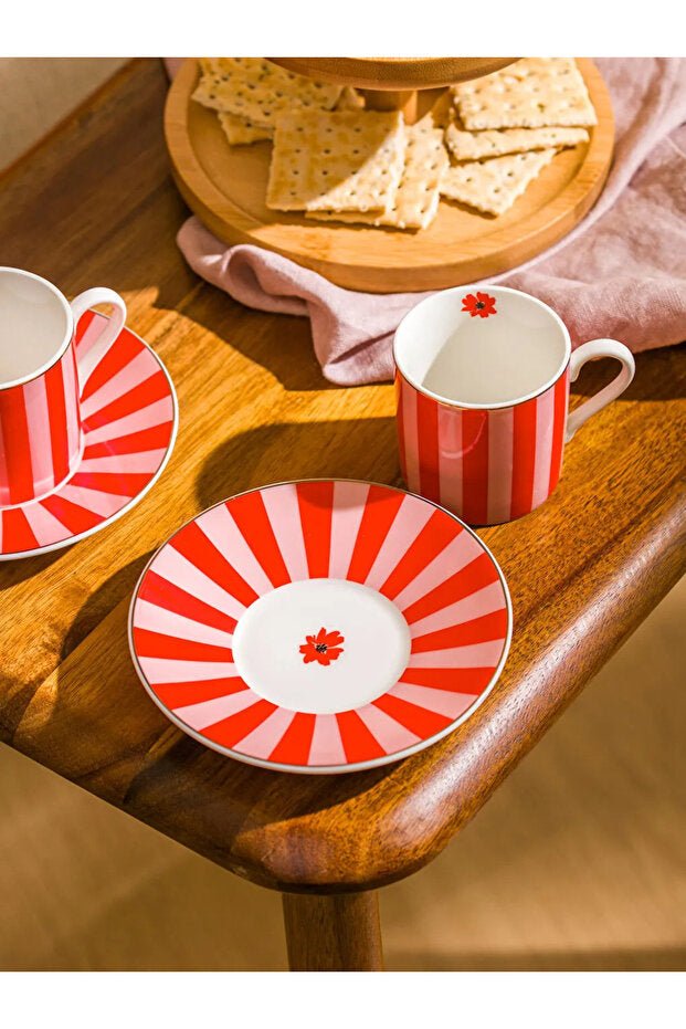 Professional Grade Porcelain Coffee Cup Set - Red Floral Print - 2 Piece - TryAladdin