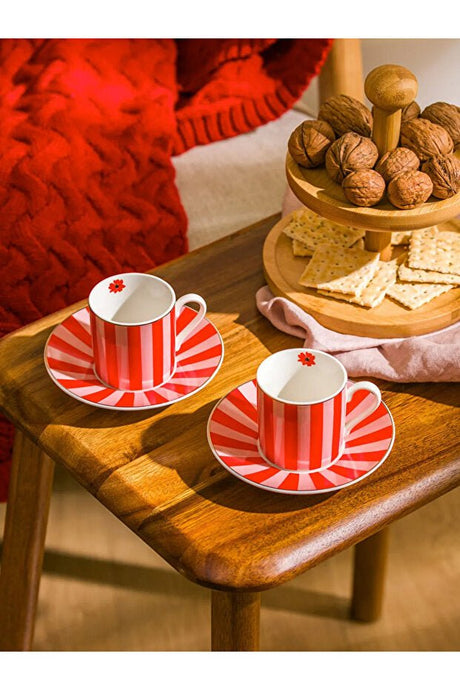 Professional Grade Porcelain Coffee Cup Set - Red Floral Print - 2 Piece - TryAladdin