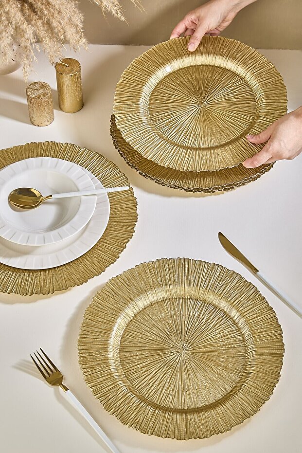Professional Lora Bianca Victorian Gold Glass Charger Plate Set 32 cm - 6 Pieces - TryAladdin