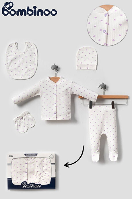 Professional Newborn 5 - Piece Ribbed Layette Set - Ecru Lilac Heart Boxed - TryAladdin