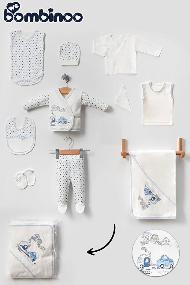 Professional Newborn Baby Clothing Set - 10 - Piece Car & Train Theme Blue - TryAladdin