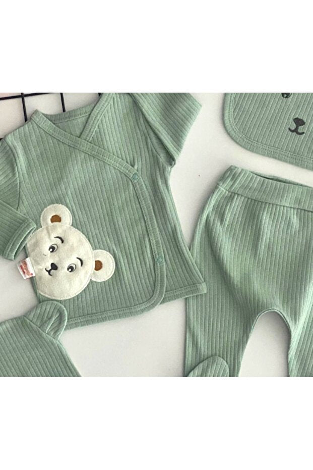 Professional Organic Cotton Baby Layette Set with Bear Embroidery - Green 5 - Piece Newborn - TryAladdin