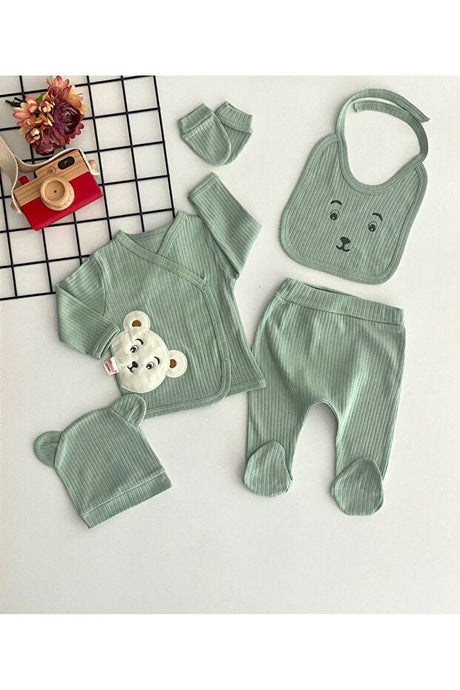 Professional Organic Cotton Baby Layette Set with Bear Embroidery - Green 5 - Piece Newborn - TryAladdin