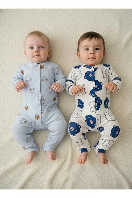 Professional Organic Cotton Baby Romper Set - Blue Bear Pattern - Newborn Infant 2 - Pack - TryAladdin
