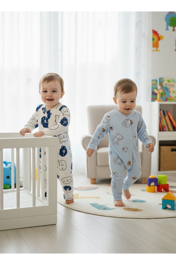 Professional Organic Cotton Baby Romper Set - Blue Bear Pattern - Newborn Infant 2 - Pack - TryAladdin
