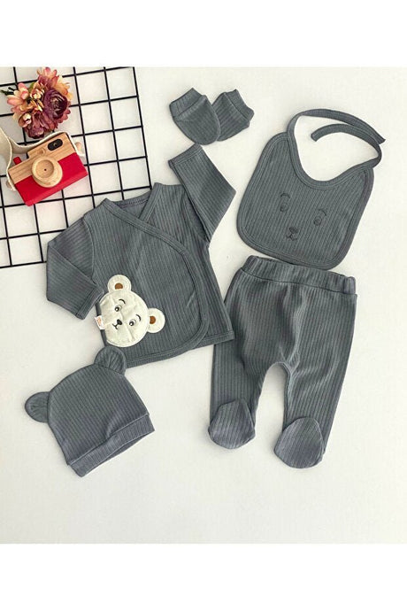 Professional Organic Cotton Bear Embroidered 5 - Piece Newborn Layette Set - Grey - TryAladdin