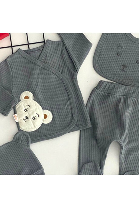 Professional Organic Cotton Bear Embroidered 5 - Piece Newborn Layette Set - Grey - TryAladdin