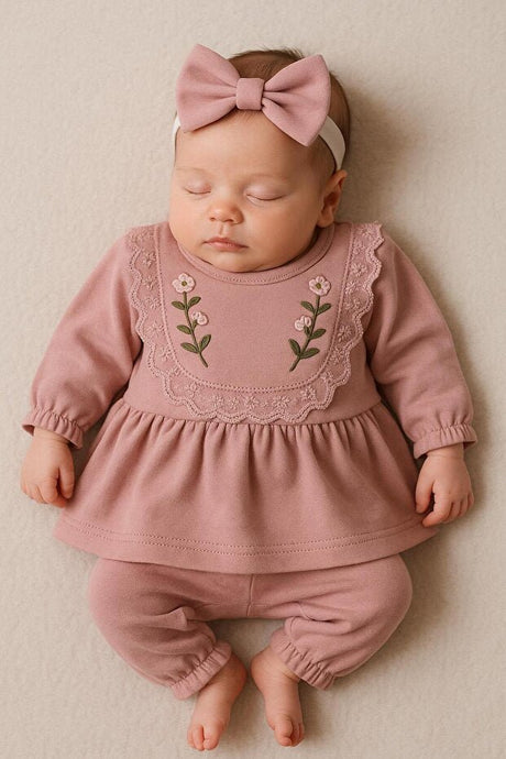 Professional Organic Cotton Newborn Take - Home Set - Lacy Embroidered Bow - TryAladdin