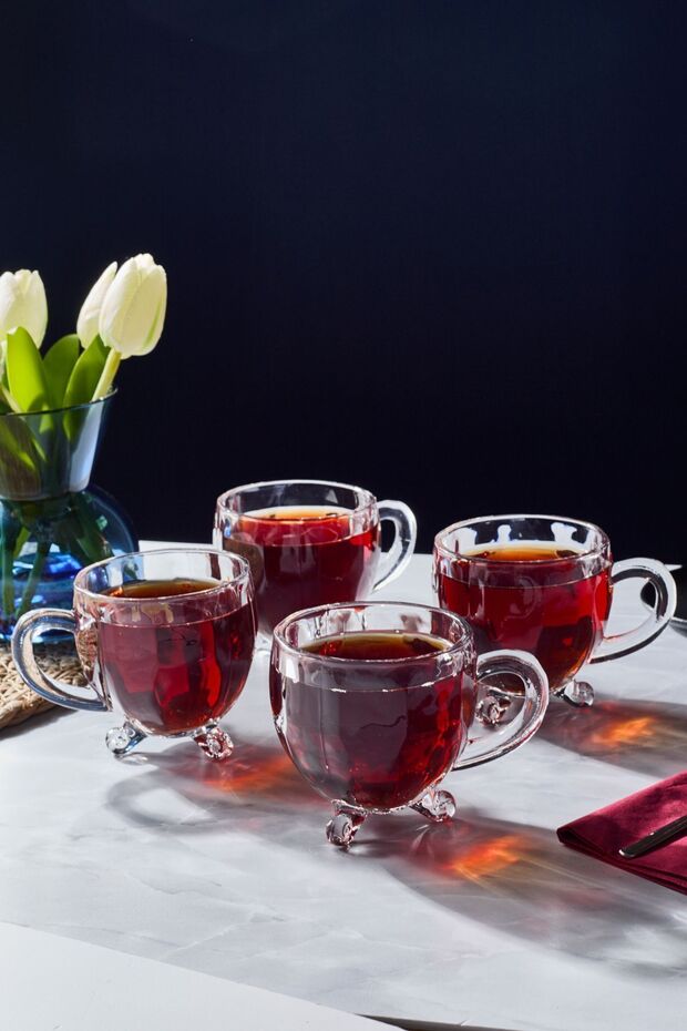 Professional Perotti Richard Footed Glass Tea Cups with Handle - Set of 4, 170cc - TryAladdin