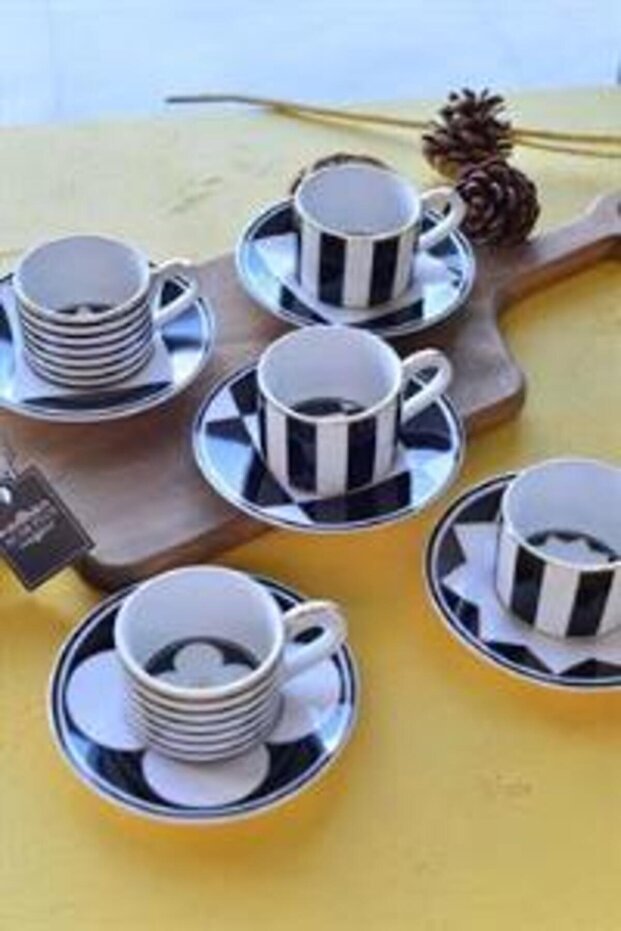 Professional Porcelain Turkish & Espresso Coffee Cup Set - Geometric Line - 90ml (Set of 6) - TryAladdin
