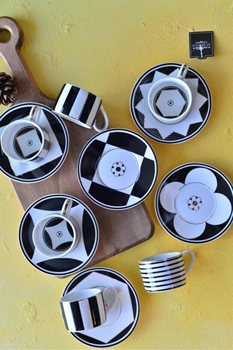 Professional Porcelain Turkish & Espresso Coffee Cup Set - Geometric Line - 90ml (Set of 6) - TryAladdin