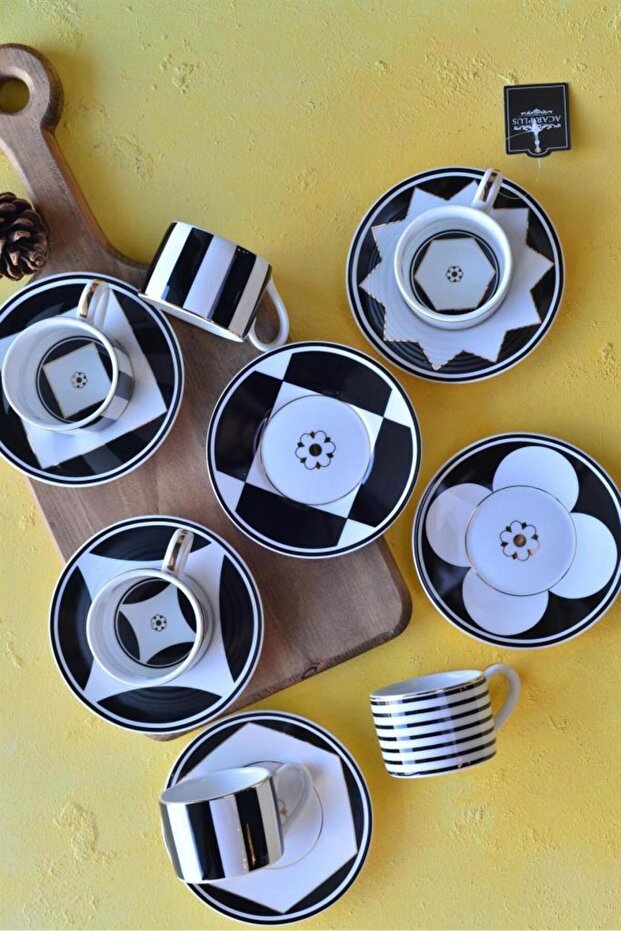 Professional Porcelain Turkish & Espresso Coffee Cup Set - Geometric Line - 90ml (Set of 6) - TryAladdin