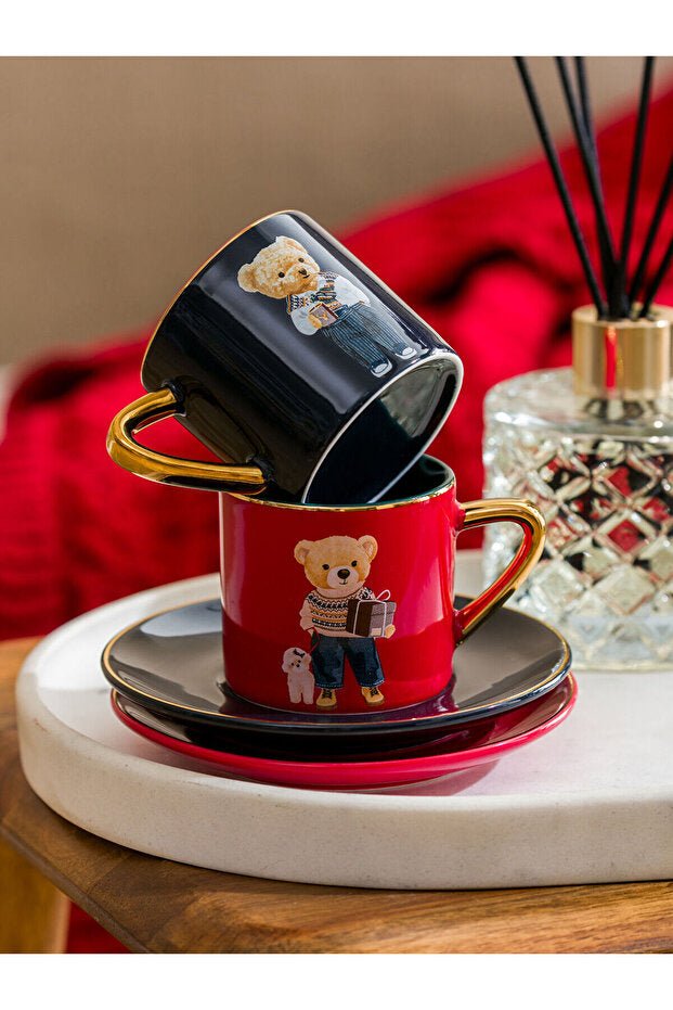 Professional Red Bear Teddy Print Porcelain Coffee Cup Set - 2 x 110ml - TryAladdin