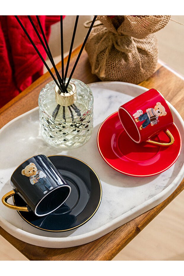 Professional Red Bear Teddy Print Porcelain Coffee Cup Set - 2 x 110ml - TryAladdin