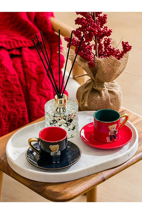 Professional Red Bear Teddy Print Porcelain Coffee Cup Set - 2 x 110ml - TryAladdin