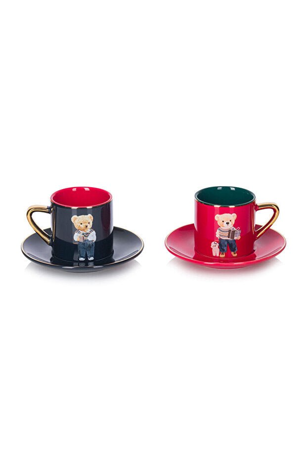 Professional Red Bear Teddy Print Porcelain Coffee Cup Set - 2 x 110ml - TryAladdin