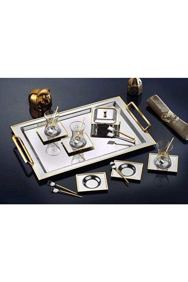 Professional Tiamo Oslo 18/10 Stainless Steel Tea Set - 12 Person Gold Plated Details - TryAladdin