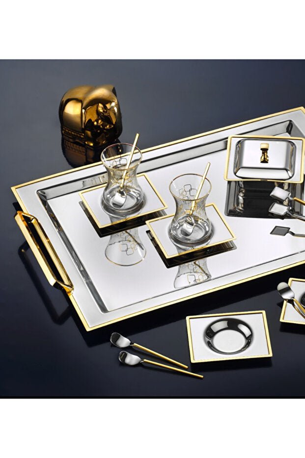 Professional Tiamo Oslo 18/10 Stainless Steel Tea Set - 12 Person Gold Plated Details - TryAladdin