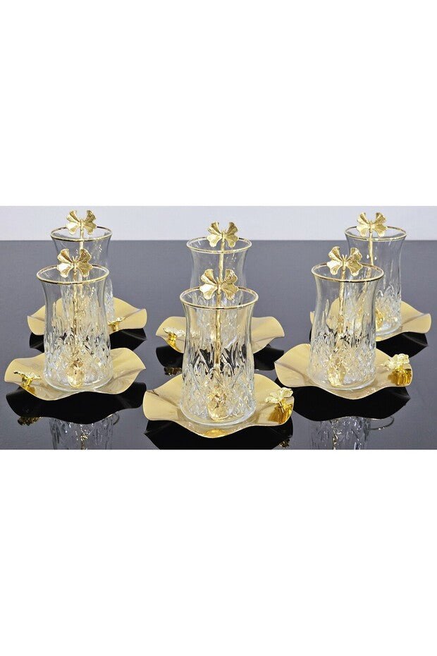 Professional Turkish Odin Tea Glass Set - 6 Person 18 Piece with Metal Saucers & Butterfly Spoons - 1 Set - TryAladdin