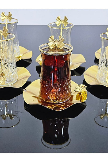 Professional Turkish Odin Tea Glass Set - 6 Person 18 Piece with Metal Saucers & Butterfly Spoons - 1 Set - TryAladdin