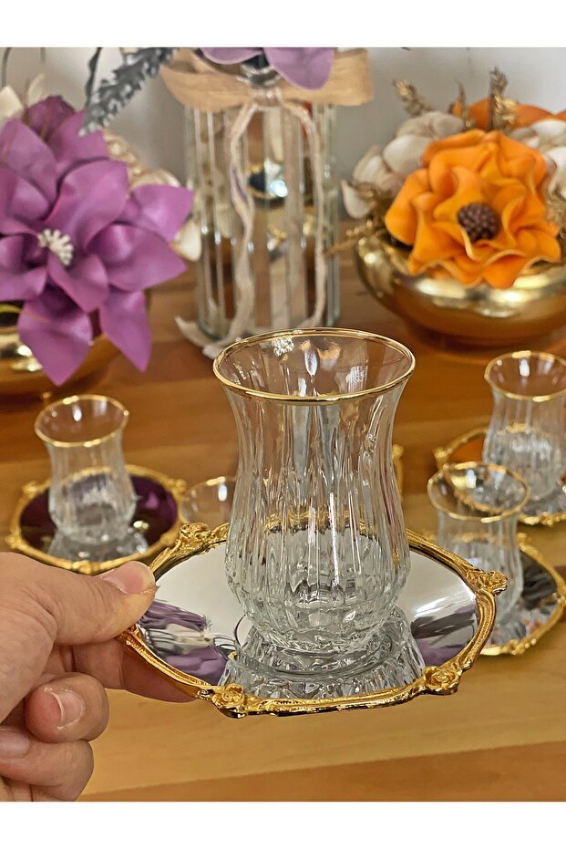 Professional Turkish Tea Set - 12 Piece Silver & Gold Glassware - 6 Person Service - TryAladdin