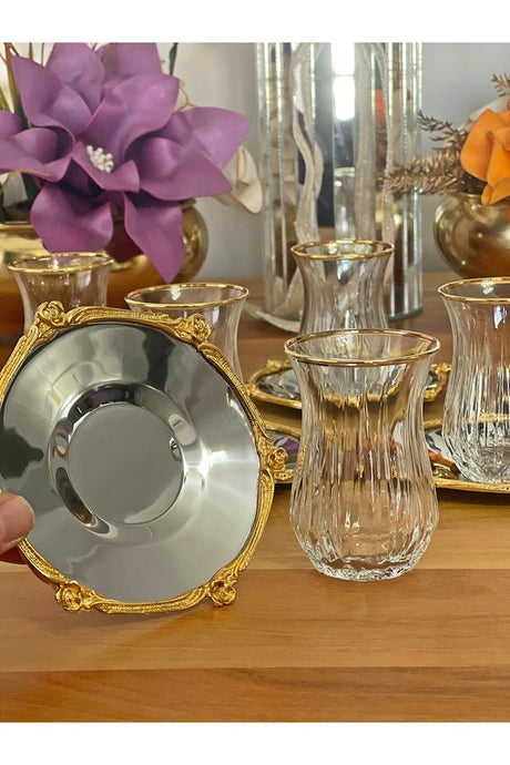 Professional Turkish Tea Set - 12 Piece Silver & Gold Glassware - 6 Person Service - TryAladdin