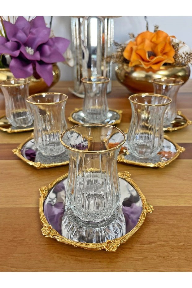 Professional Turkish Tea Set - 12 Piece Silver & Gold Glassware - 6 Person Service - TryAladdin