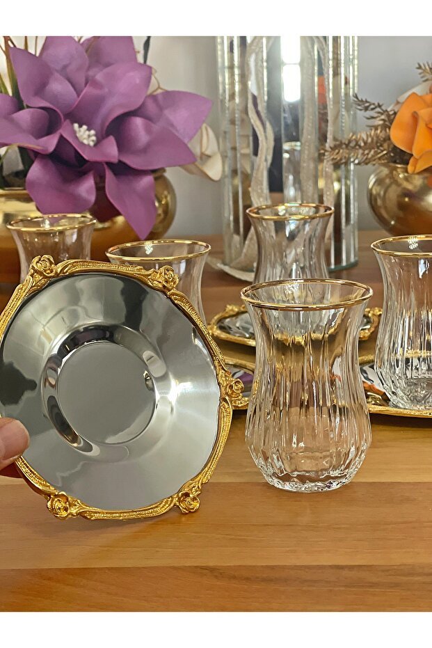 Professional Turkish Tea Set - 12 Piece Silver & Gold Glassware - 6 Person Service - TryAladdin