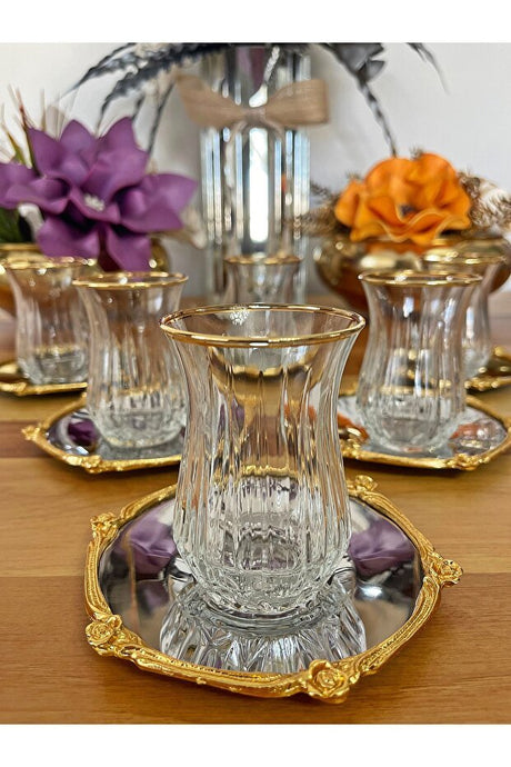 Professional Turkish Tea Set - 12 Piece Silver & Gold Glassware - 6 Person Service - TryAladdin
