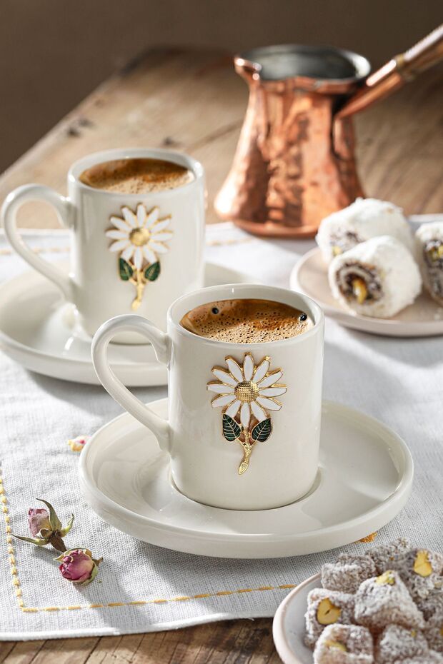 Professional Werony Turkish Daisy Motif Porcelain Espresso Cup Set - 4 Piece, 100ml - TryAladdin