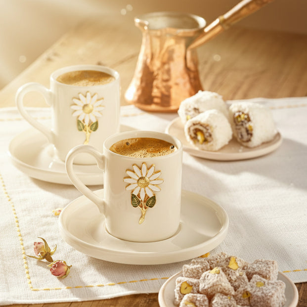 Professional Werony Turkish Daisy Motif Porcelain Espresso Cup Set - 4 Piece, 100ml - TryAladdin