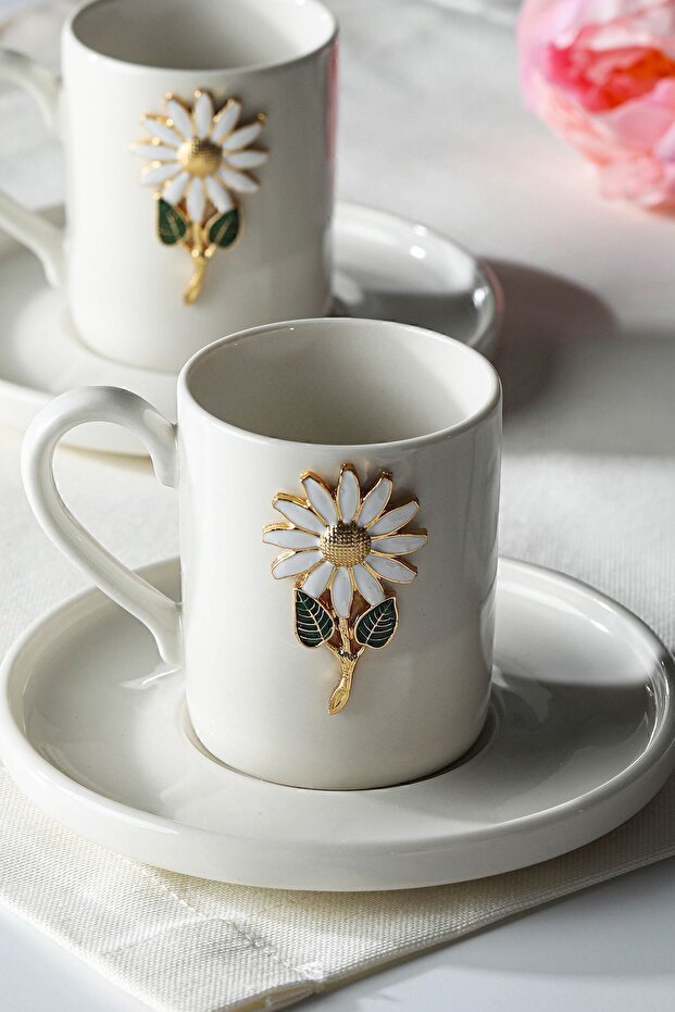Professional Werony Turkish Daisy Motif Porcelain Espresso Cup Set - 4 Piece, 100ml - TryAladdin