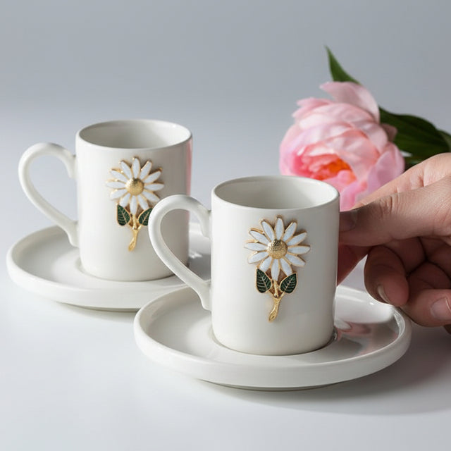 Professional Werony Turkish Daisy Motif Porcelain Espresso Cup Set - 4 Piece, 100ml - TryAladdin