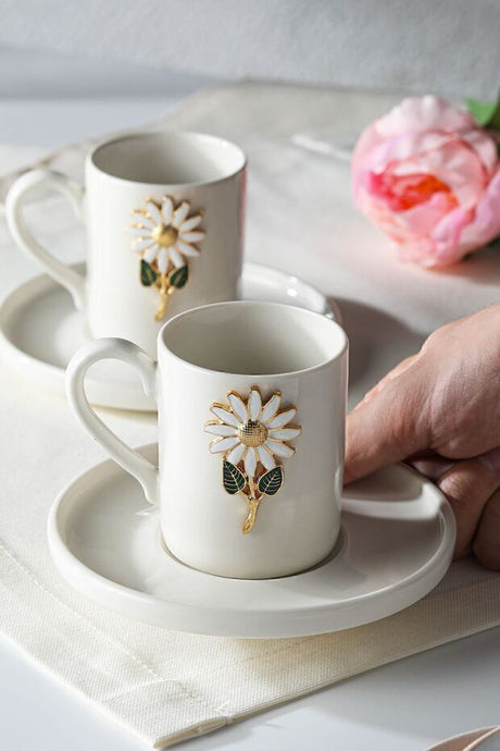 Professional Werony Turkish Daisy Motif Porcelain Espresso Cup Set - 4 Piece, 100ml - TryAladdin