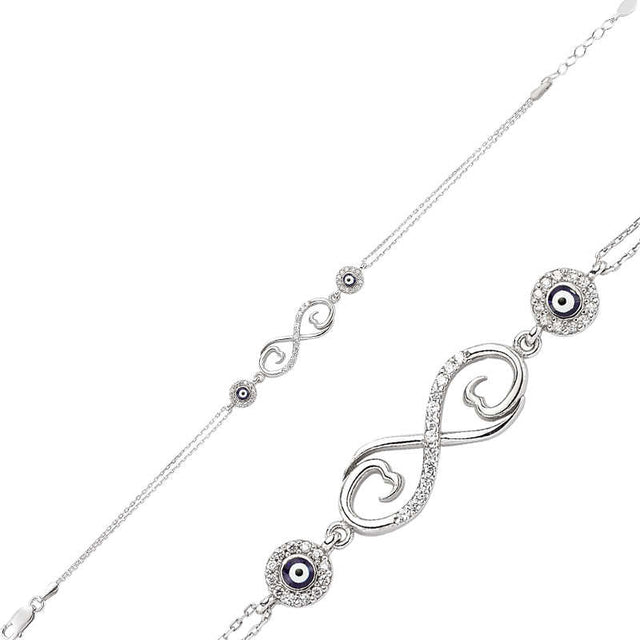Sterling Silver Infinity Heart & Evil Eye Charm Bracelet
