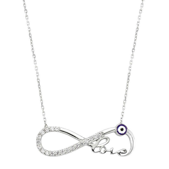 Sterling Silver Infinity Love Necklace - Sparkling CZ & Evil Eye Charm