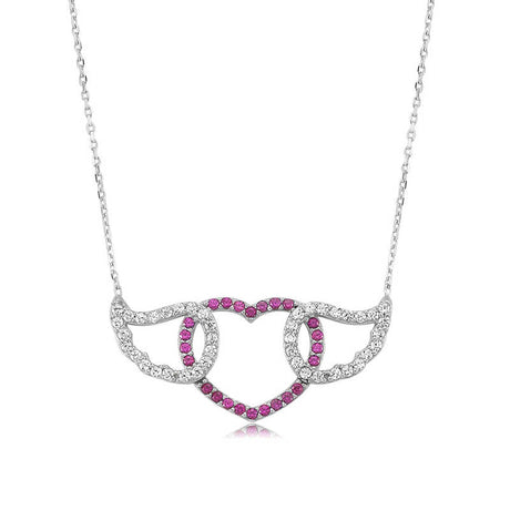 Sterling Silver Winged Heart Necklace with Pink Zirconia