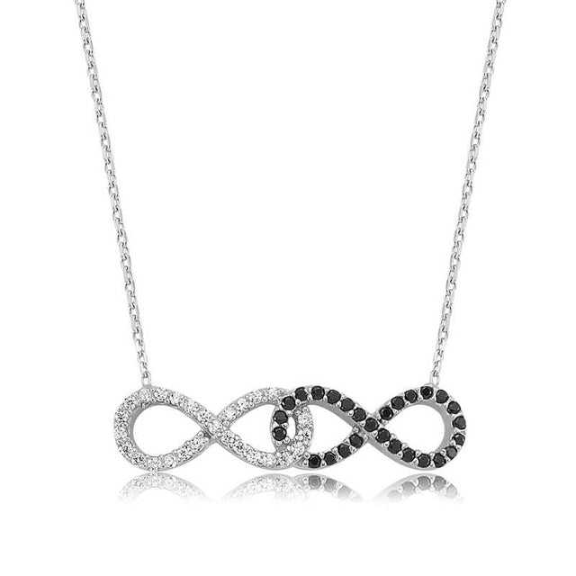 Necklace - Sterling Silver Interlocking Infinity with Pave White & Black CZ