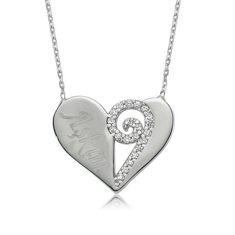 Heart Necklace - Sterling Silver Engraved 'Askim' & CZ Swirl Pendant