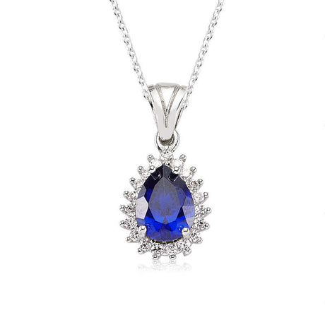 Pendant Necklace - Sterling Silver Blue Sapphire Teardrop Halo