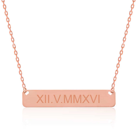 Necklace - Rose Gold Tone Engraved Roman Numeral Date Bar