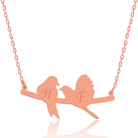 Sterling Silver Rose Gold Plated Love Birds Initial Necklace