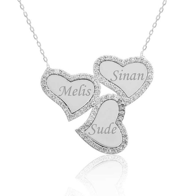 Personalized Triple Heart Necklace - Sterling Silver & Sparkling CZ