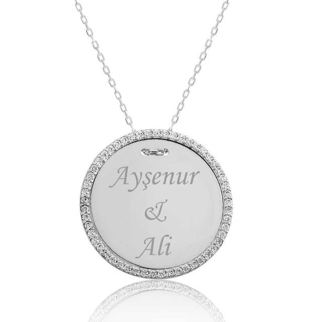 Personalized Sterling Silver Engraved Halo Round Pendant Necklace