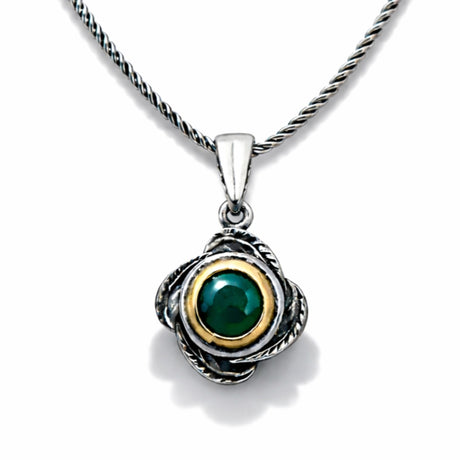 Two-Tone Artisan Floral Necklace - Green Stone & Oxidized Silver