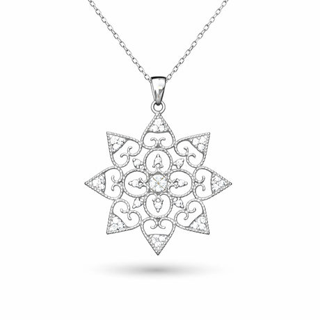 Necklace - Silver-Tone Filigree Starburst Pendant with Sparkling CZ