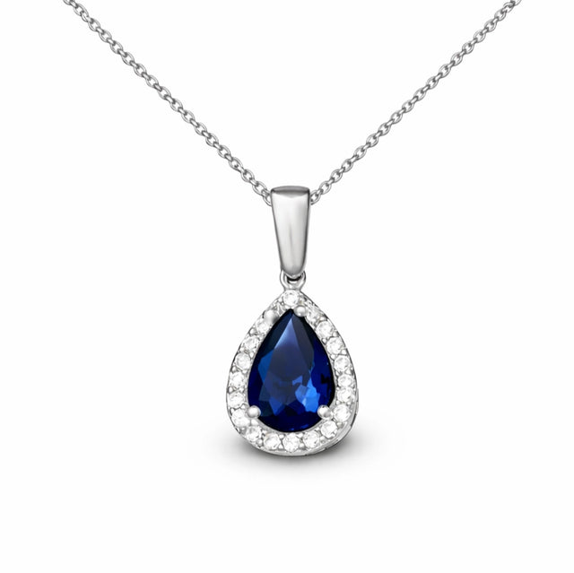 Elegant Sterling Silver Blue Sapphire Teardrop Halo Pendant Necklace