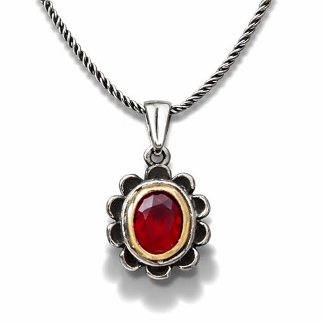 Necklace - Silver & Gold-Tone Red Gemstone Flower Pendant